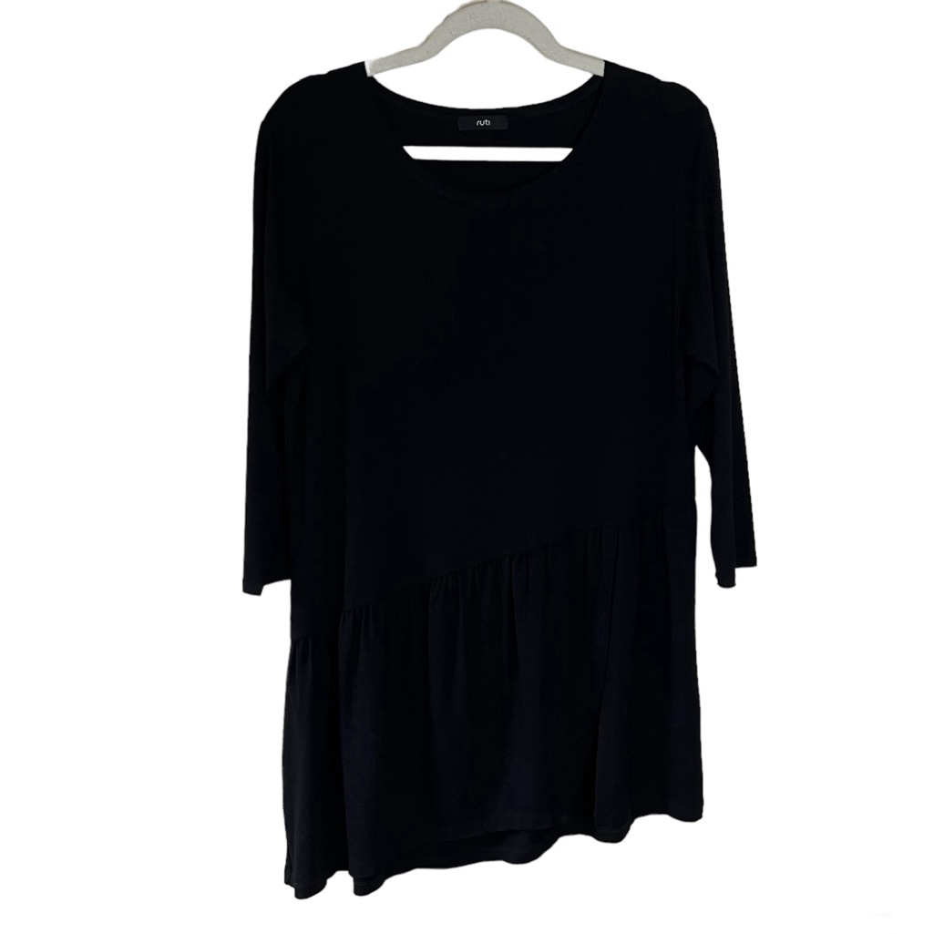 Ruti Lisa Asymmetric Stretch Jersey Ruffle Hem Long Sleeve Tunic Top Black
